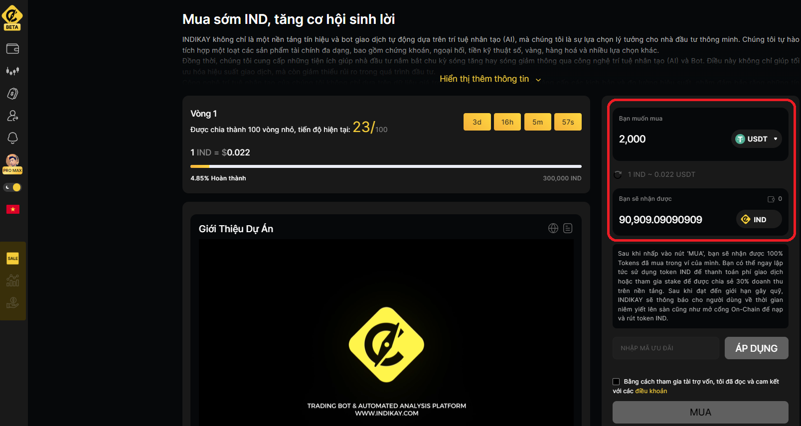 mua IND bằng USDT