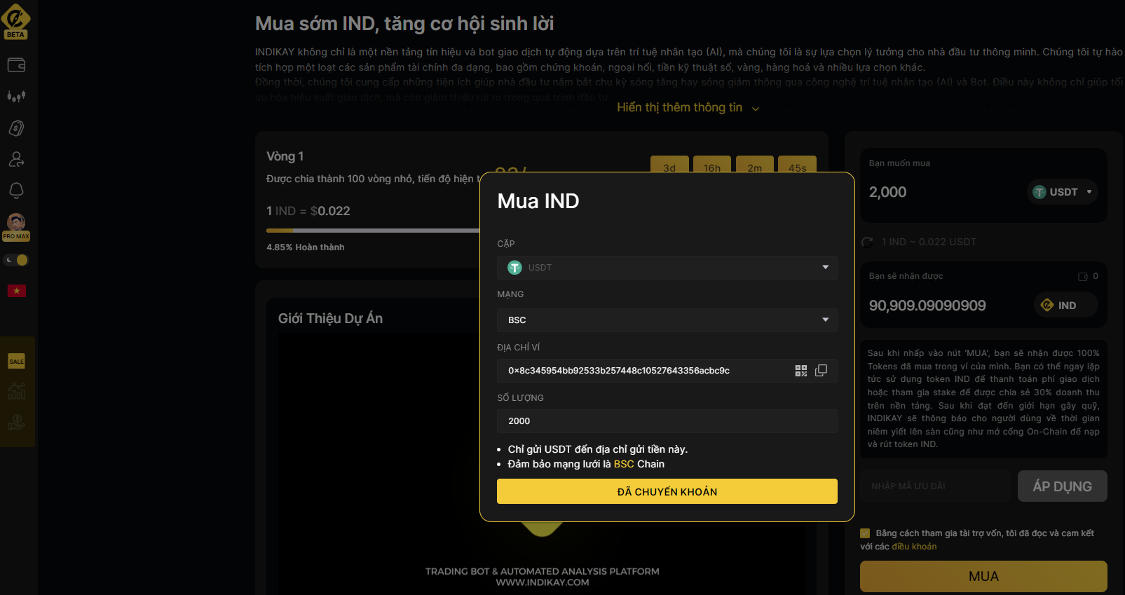 mua IND bằng USDT